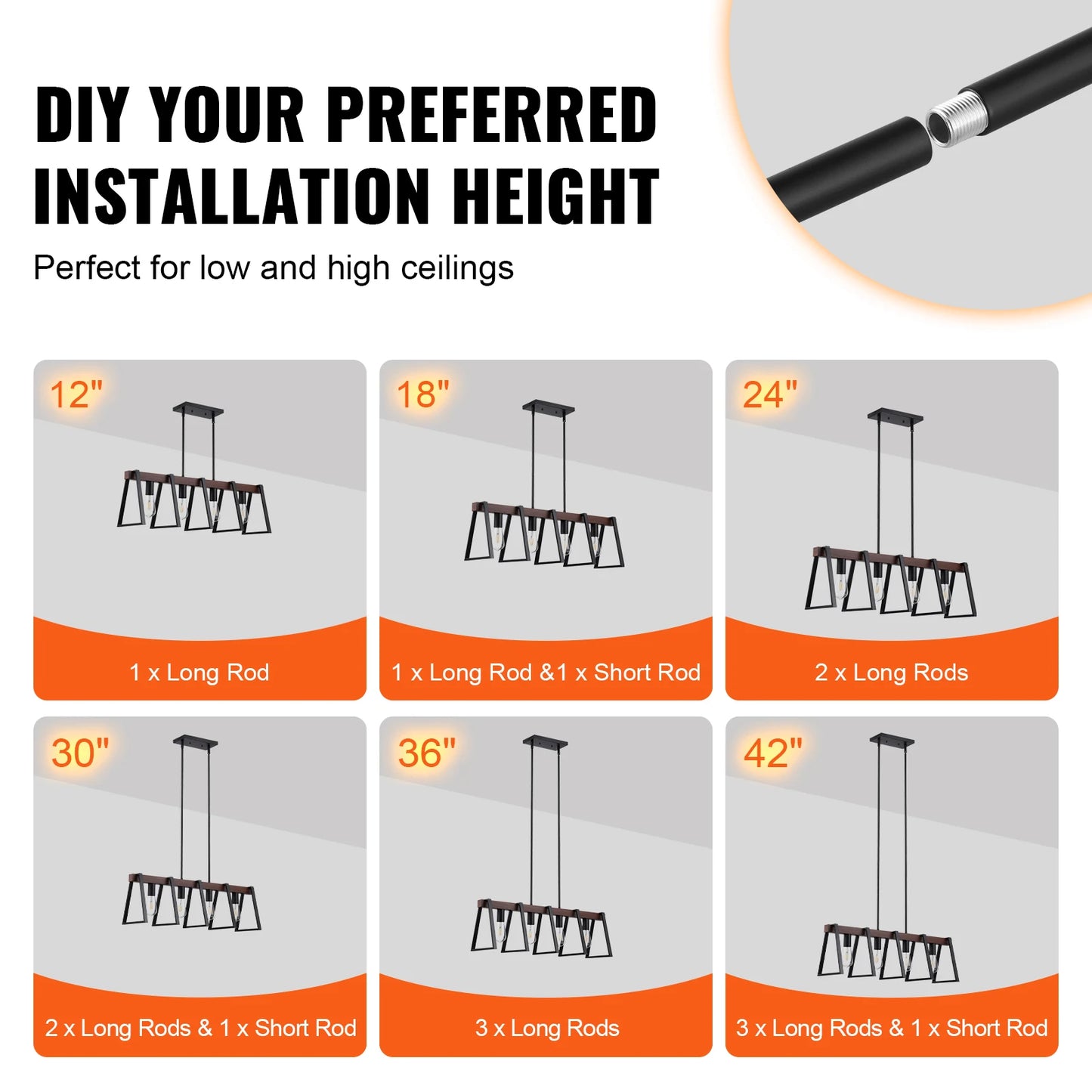 VEVOR 4-Light Kitchen Island Pendant Lights 60W with 2x6'' & 6x12'' Rods Industrial Metal Frame Farmhouse Linear Chandeliers