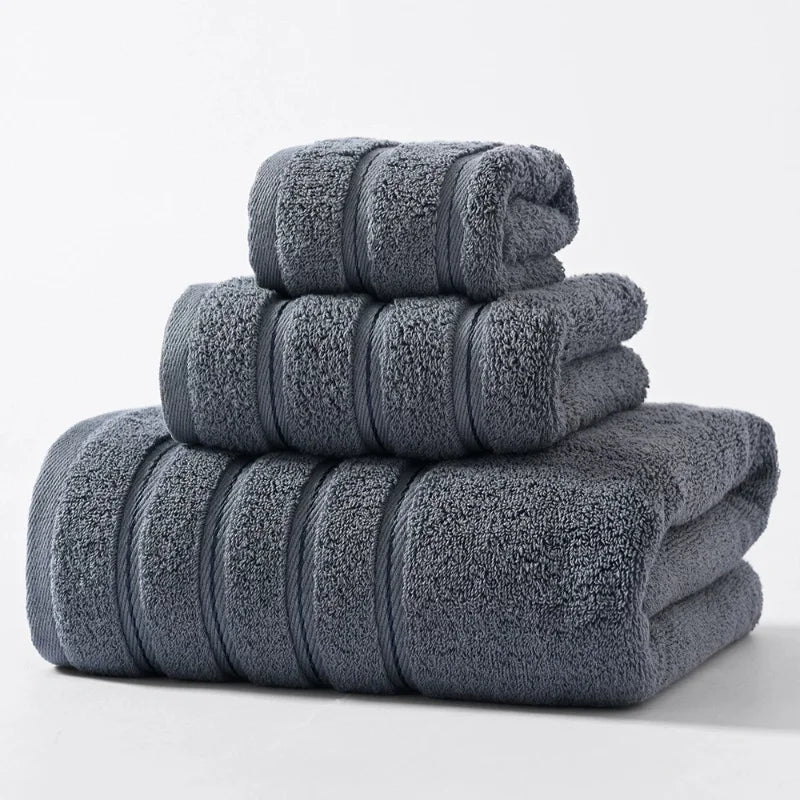 3pcs Towel Bundle Set,100%Cotton,Hand+Face+Bath Washcloth, Stripe Decor 70*140cm Home Hotel Solid White Grey Towels Gift