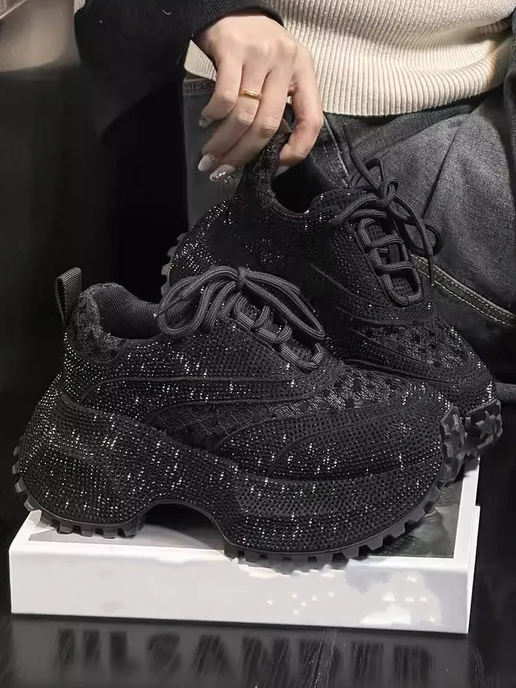 Ladies Summer Breathable Shiny Diamonds Inner Thick Soled Running Shoes Lace Up Outdoor Training Sneakers Jogging Sports Shoes