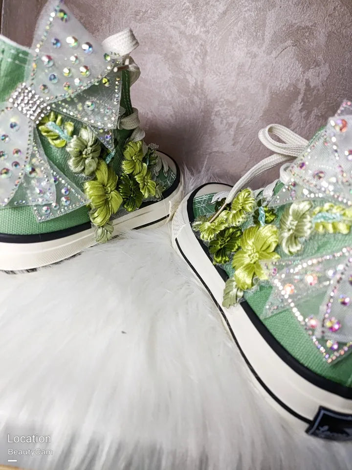 High-top Canvas Shoes for Women Green Bow Embroidery Flower Candy Color Canvas Handmade Fashion Casual Shoe Big Size 43 44