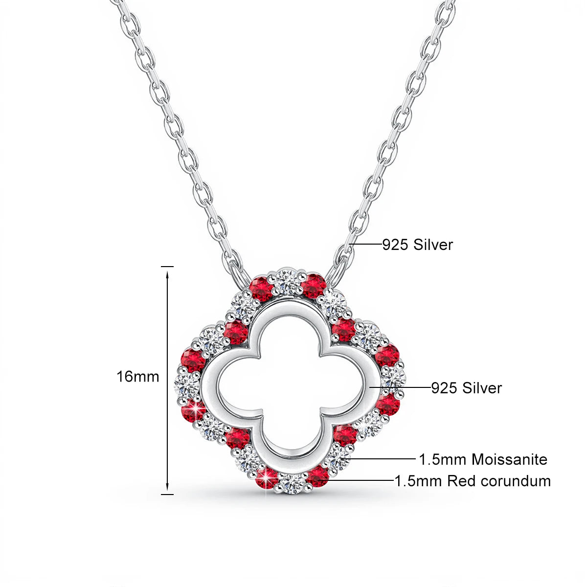 925 Silver Lucky Four-leaf Clover Moissanite Necklace Temperament Ladie Jewelry Red Corundum Gold Plated Solitaire Choker