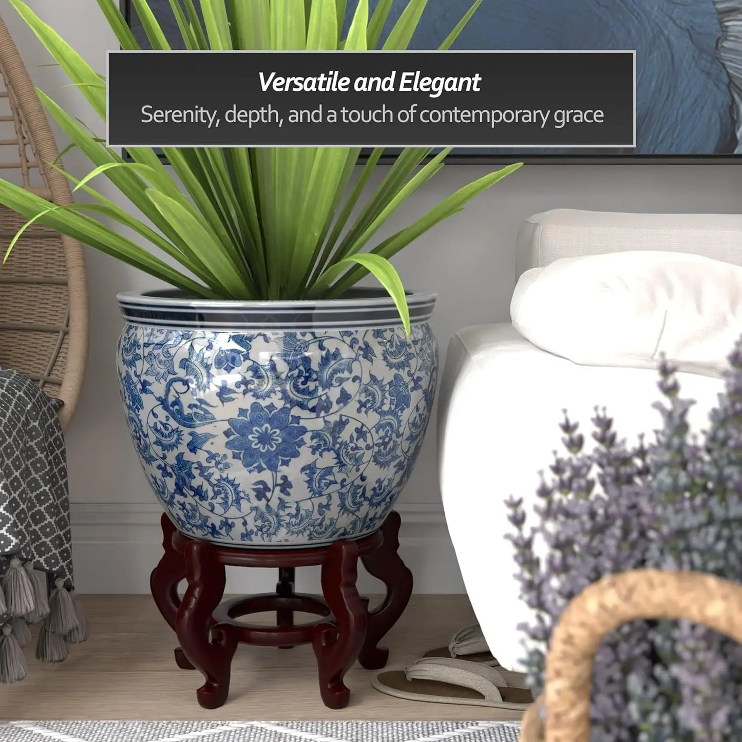 White Fishbowl-Size and Design 18" Diameter Floral Blue Classic Ming Blue and White Vine and Flower Decoration