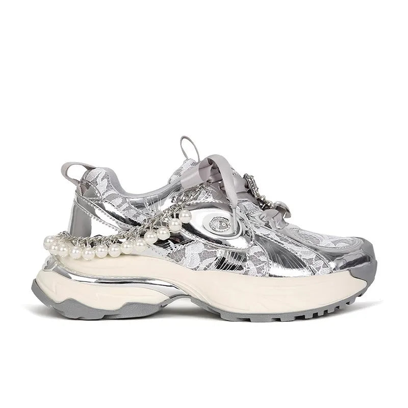 New Retro Thick Sole Casual Sports Shoes for Women's Fashion Diamond Buckle Pearl Chain Dad Shoes