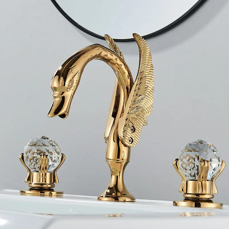 Luxury Gold Swan Bathroom Basin Tap Crystal Handle Swan Basin Faucet Cold Hot Water Mixer Taps Deck Mounted Washbasin Faucet