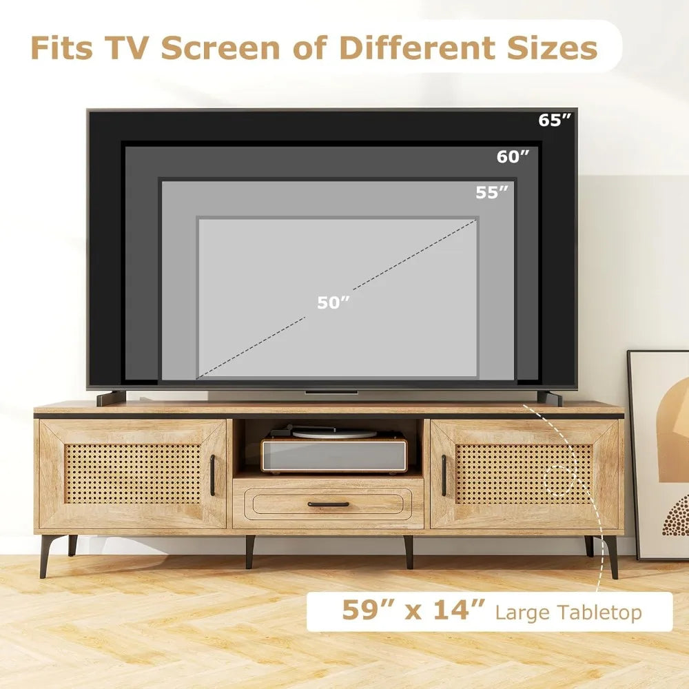 Boho TV Stand for 65 Inch TVs, Mid Century Modern Media Entertainment Center with Drawer, 2 Cabinets with Rattan Doors, Metal L