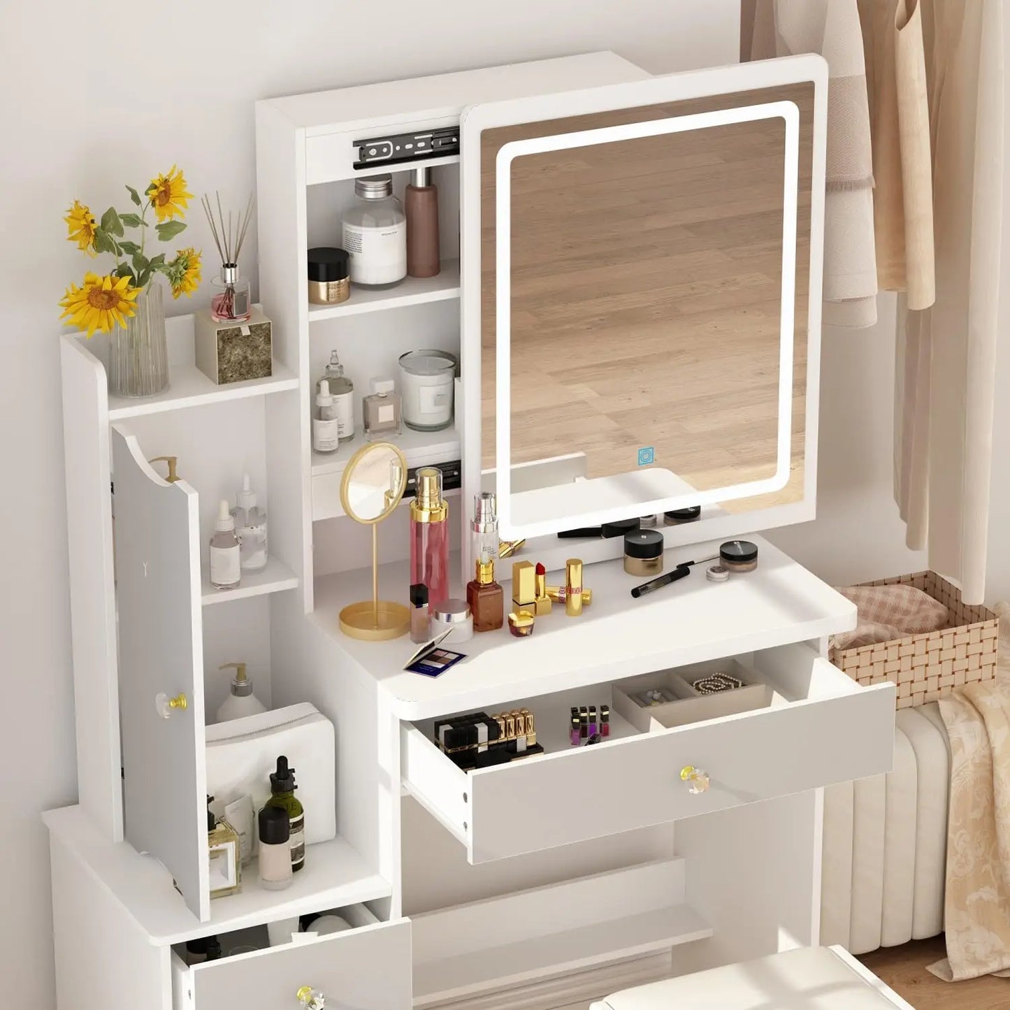 Vanity Desk with Mirror and Lights, Vanity Makeup Desk with Sliding Lighted Mirror, Vanity Mirror Makeup Desk with Cushion Stool