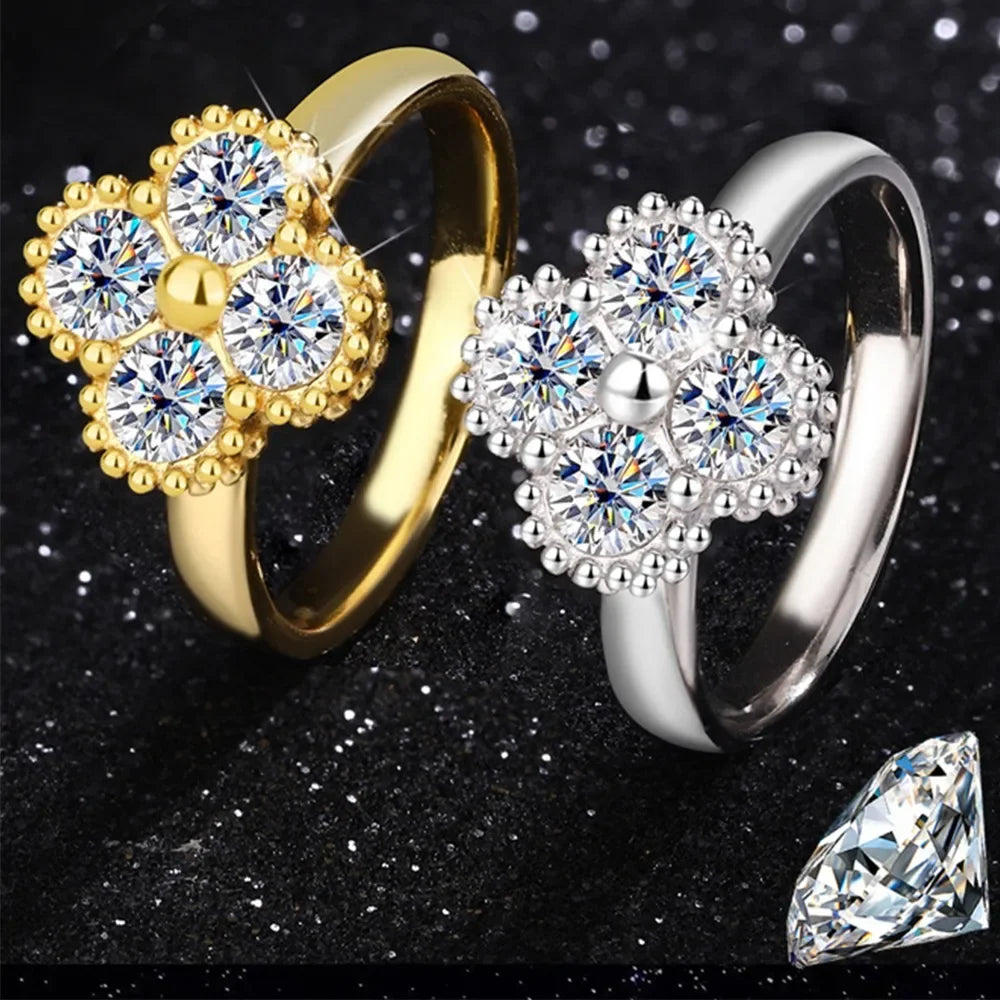 Trumium 1.2CT Sterling Silver 925 Moissanite Ring Clover Lucky Jewelry Engagement Rings for Women Girls Luxury Gift