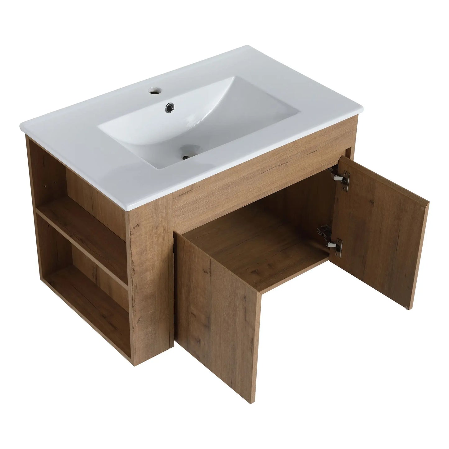 30-Inch Bathroom Vanity with Ceramic Basin and Adjustable Open Shelf