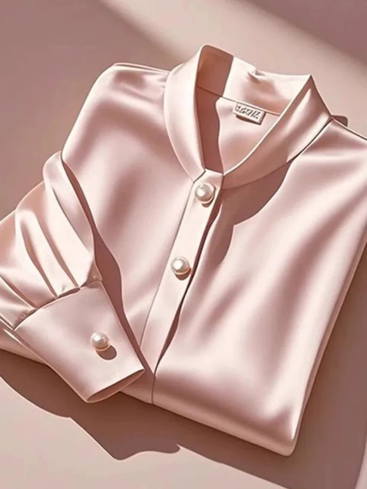 Elegant French Women's Pink Satin Shirt Turn-down Collar Long Sleeve Blouse Autumn/Winter for Women Casual Simple Office Lady