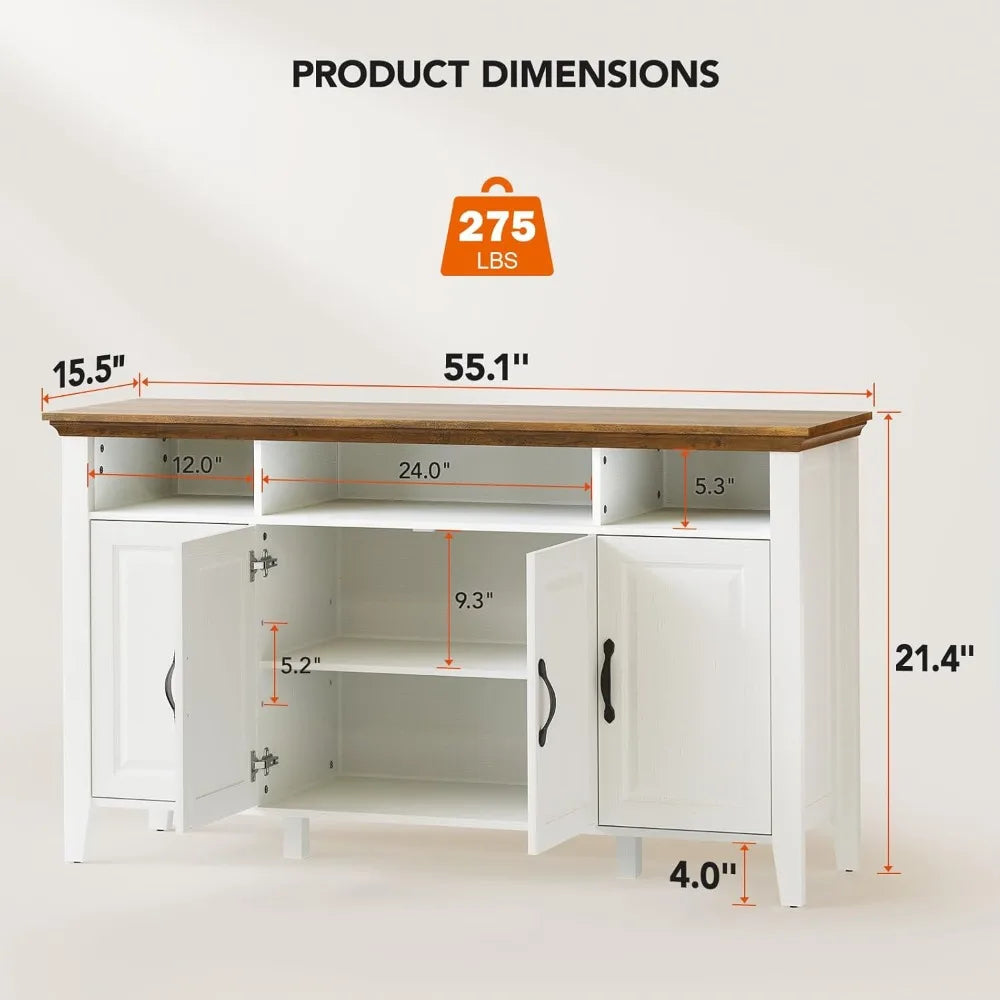 Amada Buffet Cabinet with Storage, 55" Large Sideboard Storage Cabinet with Adjustable Shelves, 4 Doors, Modern Farmhouse Coffee