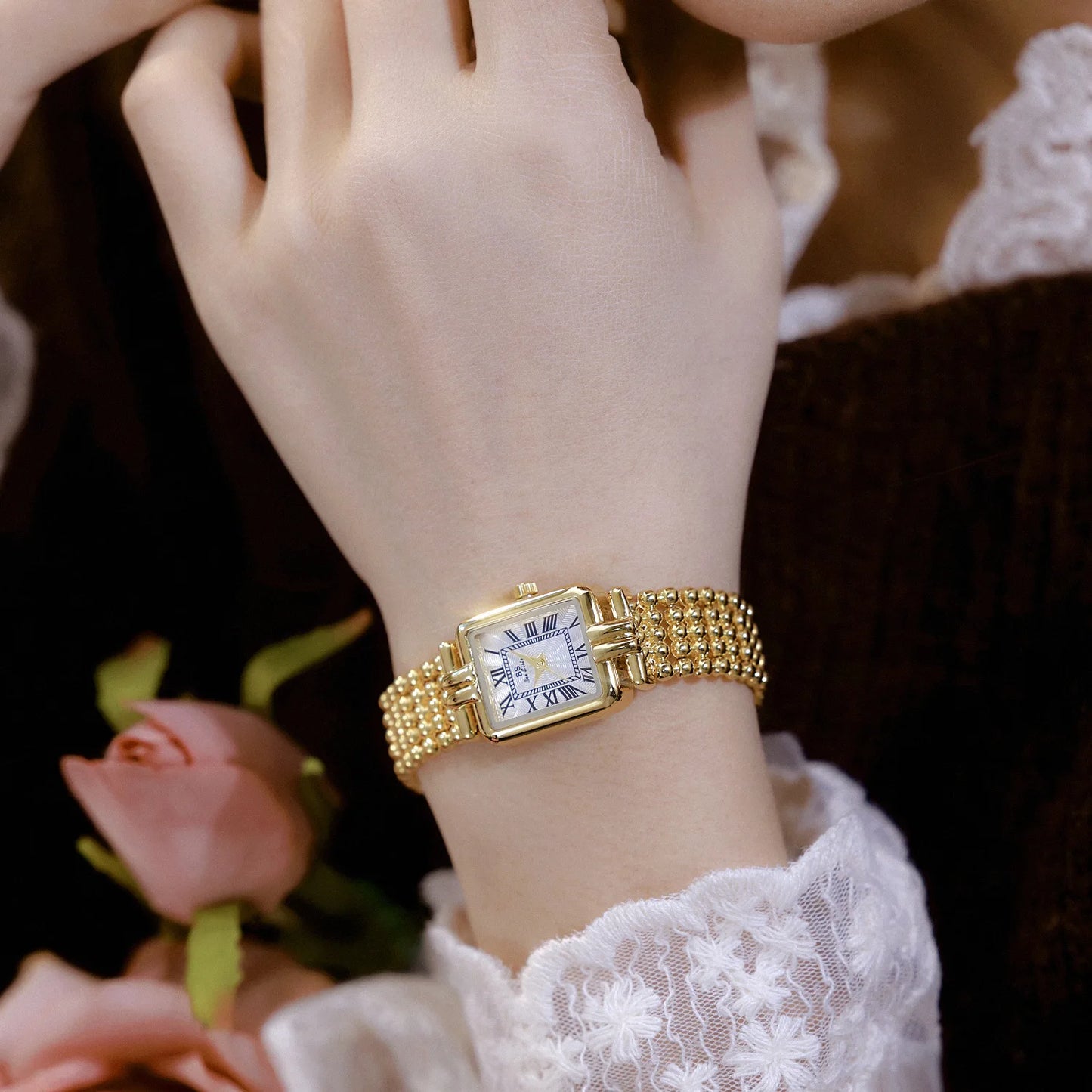 Vintage Watch Women Luxury Gold Square Quartz Watches Ladies Fashion Silver Bracelet Roman Scale Clock Gifts