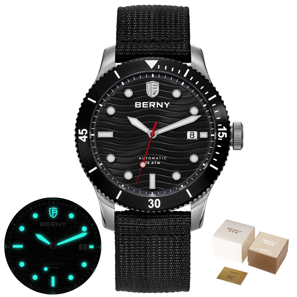 BERNY Automatic Diving Wristwatch for Men PT5000 Movement 20ATM Waterproof Luminous Sapphire Mechanical Sport Divers Watch Men