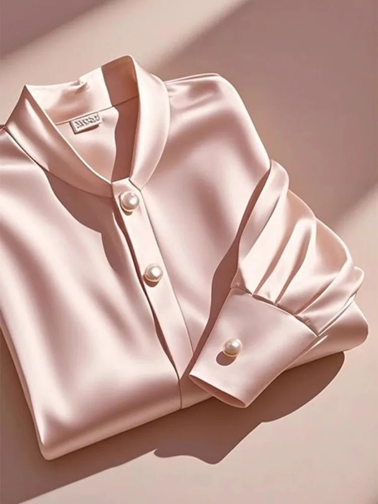 Elegant French Women's Pink Satin Shirt Turn-down Collar Long Sleeve Blouse Autumn/Winter for Women Casual Simple Office Lady