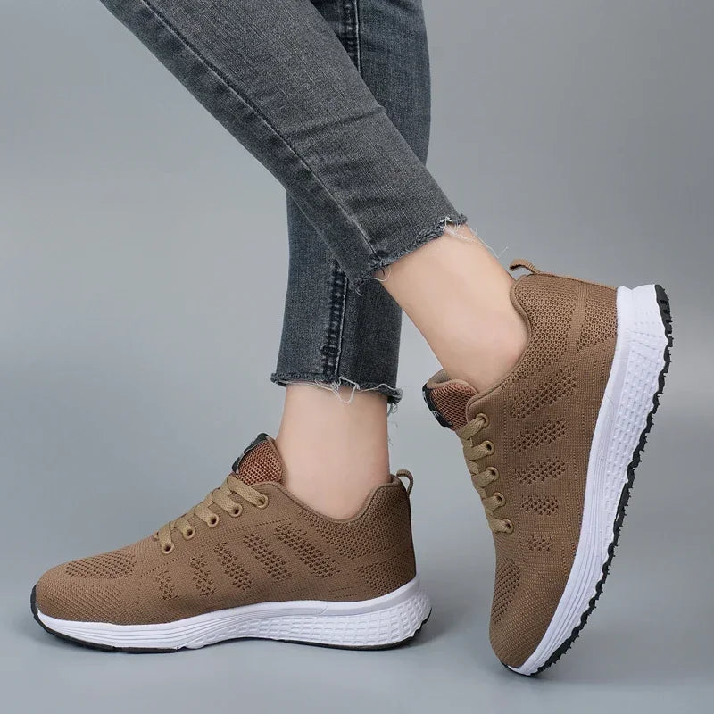 Women's Sneakers Breathable Knitted Mesh Comfortable Flat Lace Up Shoes Trendy Fashionable Casual Outdoor Women Running Shoes