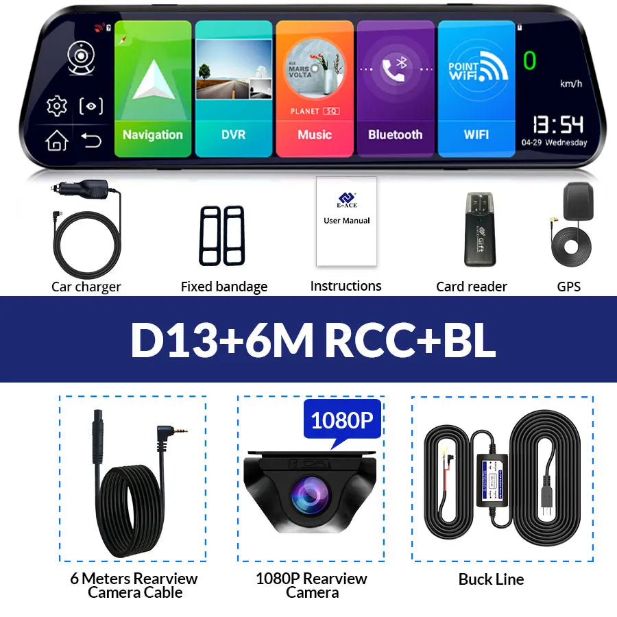 E-ACE 4G Car Dvr 10 Inch Mirror Dash Cam Android 8.1 GPS Navigation Car Camera Auto Recorder ADAS Support 1080P Rear Camera