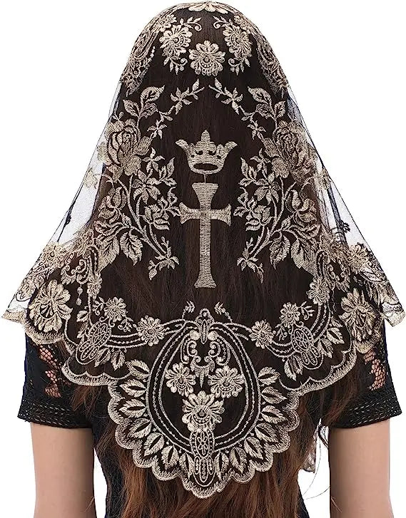 Women Head Covering Bridal Wedding Cross Embroidery Catholic Church Veil