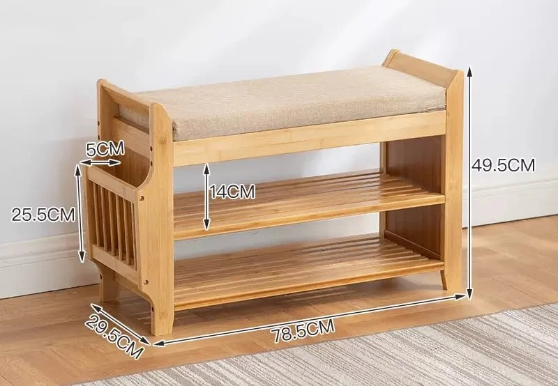 Natural Bamboo Shoe Storage Rack Bench with 2-Tier Cushion Seat Living Room Shoe Organizer Entryway Storage Hallway Furniture