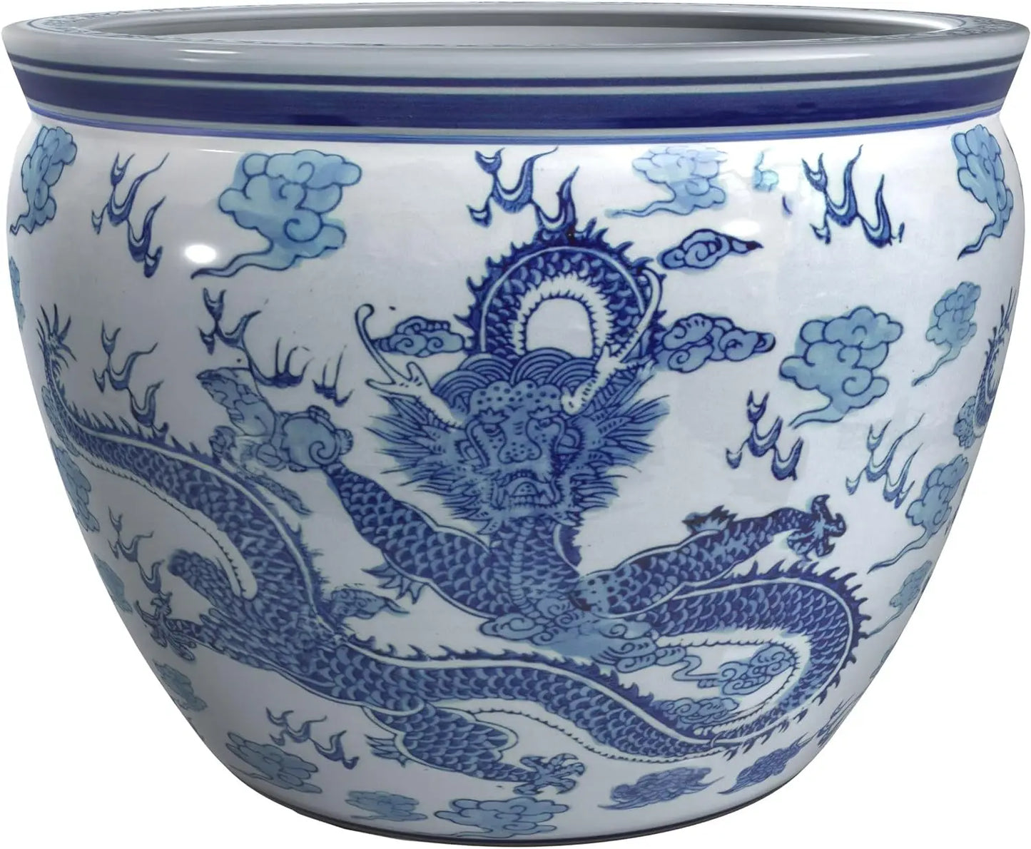White Fishbowl-Size and Design 18" Diameter Floral Blue Classic Ming Blue and White Vine and Flower Decoration