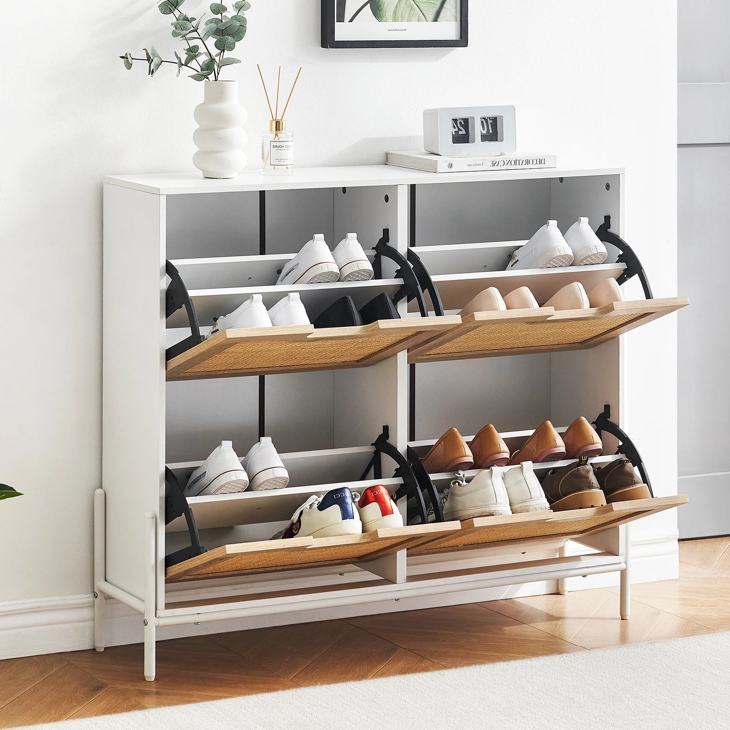Rattan Shoe Storage Cabinet, Entryway Shoes Cabinet with 4 Flip Doors, Freestanding Shoe Rack with 3 Position Adjustable Shelves