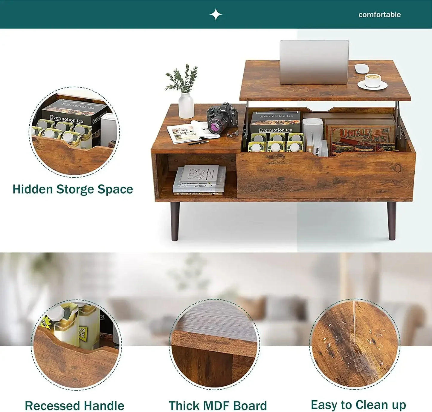 Adjustable Height Wooden Coffee Table with Hidden Compartments and Shelves Small Homes, Apartments, Reception Rooms, Rust Brown