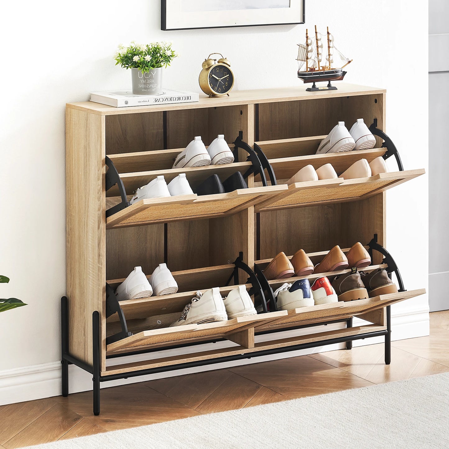 Rattan Shoe Storage Cabinet, Entryway Shoes Cabinet with 4 Flip Doors, Freestanding Shoe Rack with 3 Position Adjustable Shelves