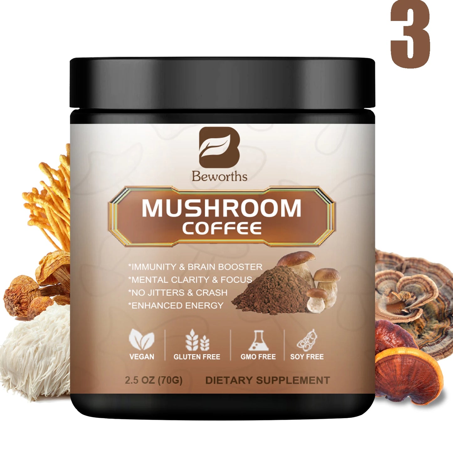 BWEORTHS 10 in 1 Mushroom Coffee Mixed Reishi & Lion's Mane Mushrooms Support Immunity and Focus Health Boost Memory 70g NO-GMO
