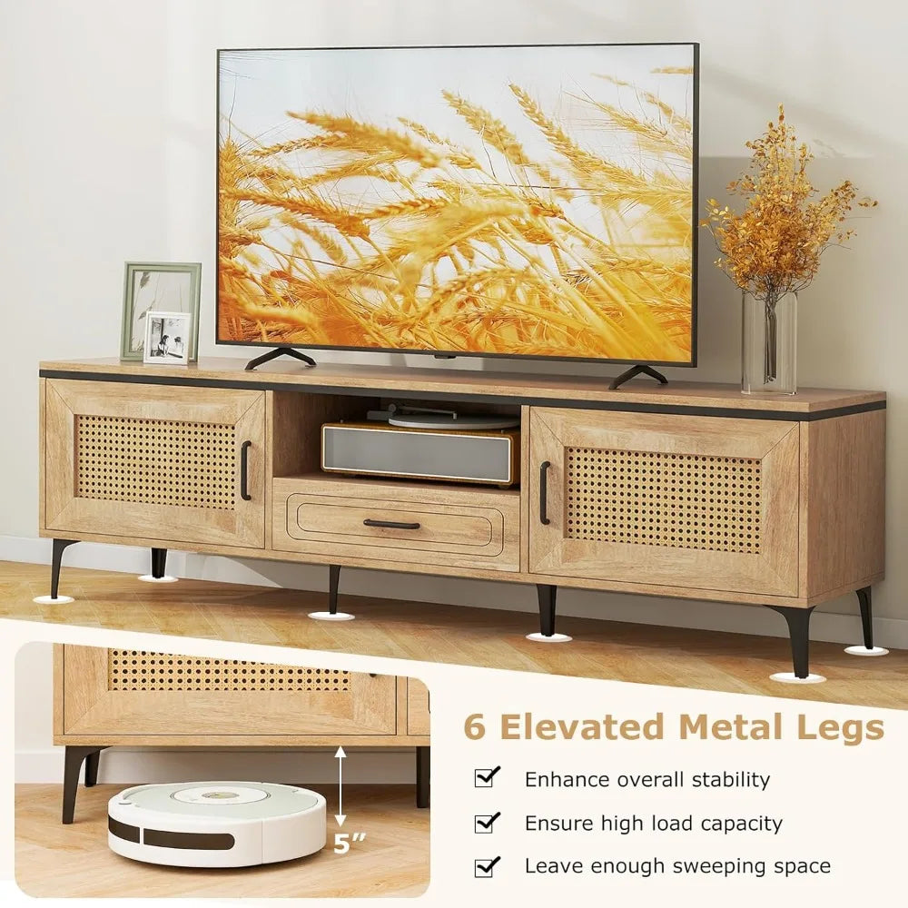 Boho TV Stand for 65 Inch TVs, Mid Century Modern Media Entertainment Center with Drawer, 2 Cabinets with Rattan Doors, Metal L