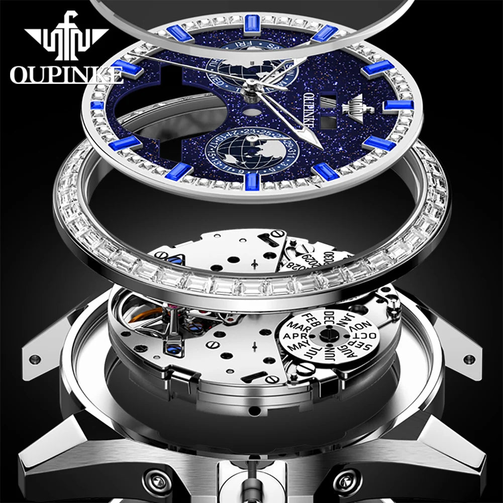 OUPINKE 3280 Fully Automatic Mechanical Men Watch Luxury Starry Sky Tourbillon Calendar Week Waterproof Men Watch Diamond Reloj