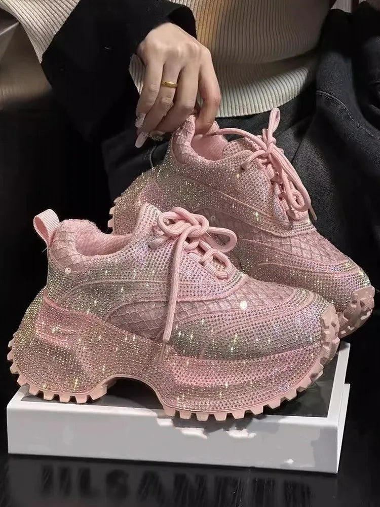 Ladies Summer Breathable Shiny Diamonds Inner Thick Soled Running Shoes Lace Up Outdoor Training Sneakers Jogging Sports Shoes
