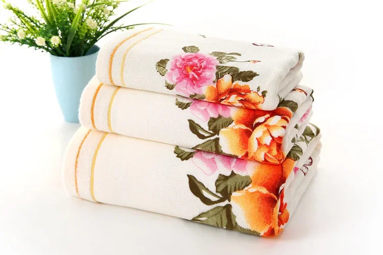 2025 New Luxury 100% Cotton Towel with Bath Towels New Women Peony Beach Towel Bathroom Set for Family Guest Bathrooms Gym