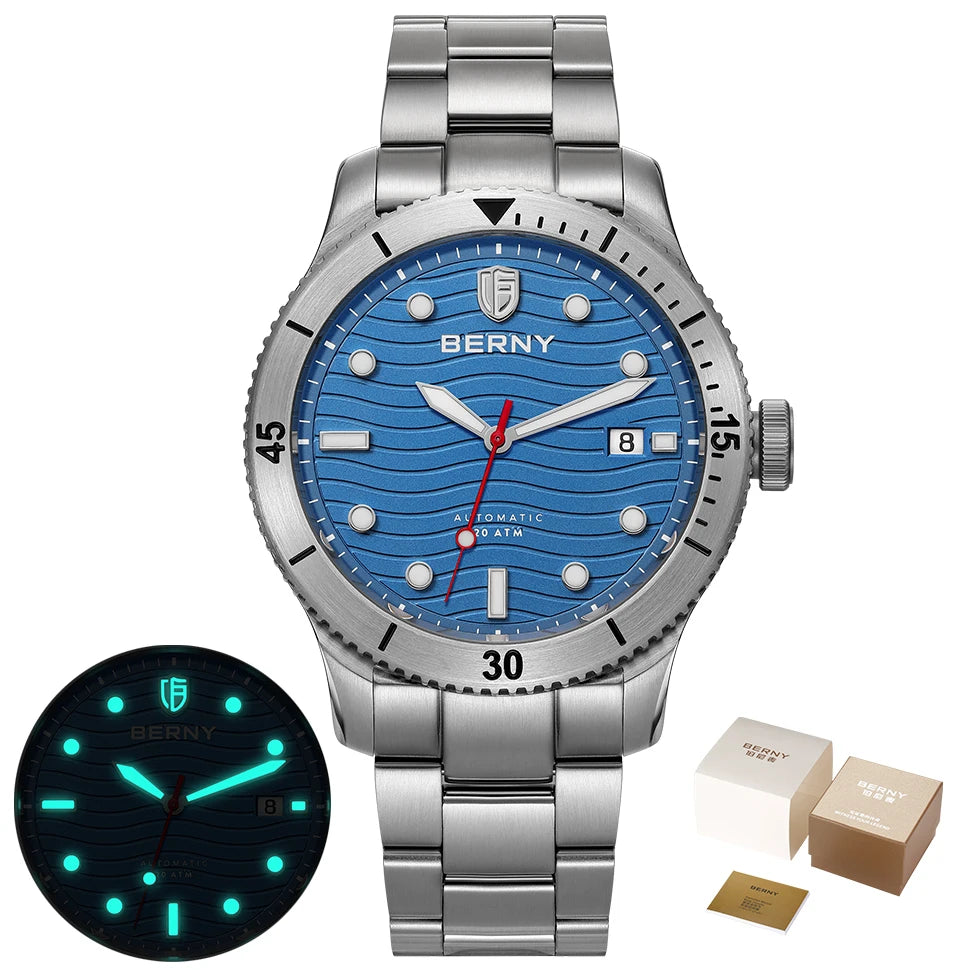 BERNY Automatic Diving Wristwatch for Men PT5000 Movement 20ATM Waterproof Luminous Sapphire Mechanical Sport Divers Watch Men