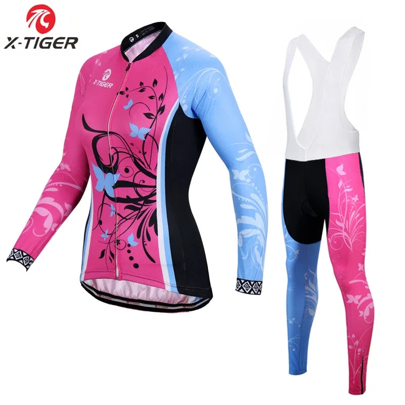 X-Tiger Women Winter Thermal Fleece Cycling Jersey Set Mountain Bike Uniform Long Sleeve Cycling Bicycle Clothing For Woman