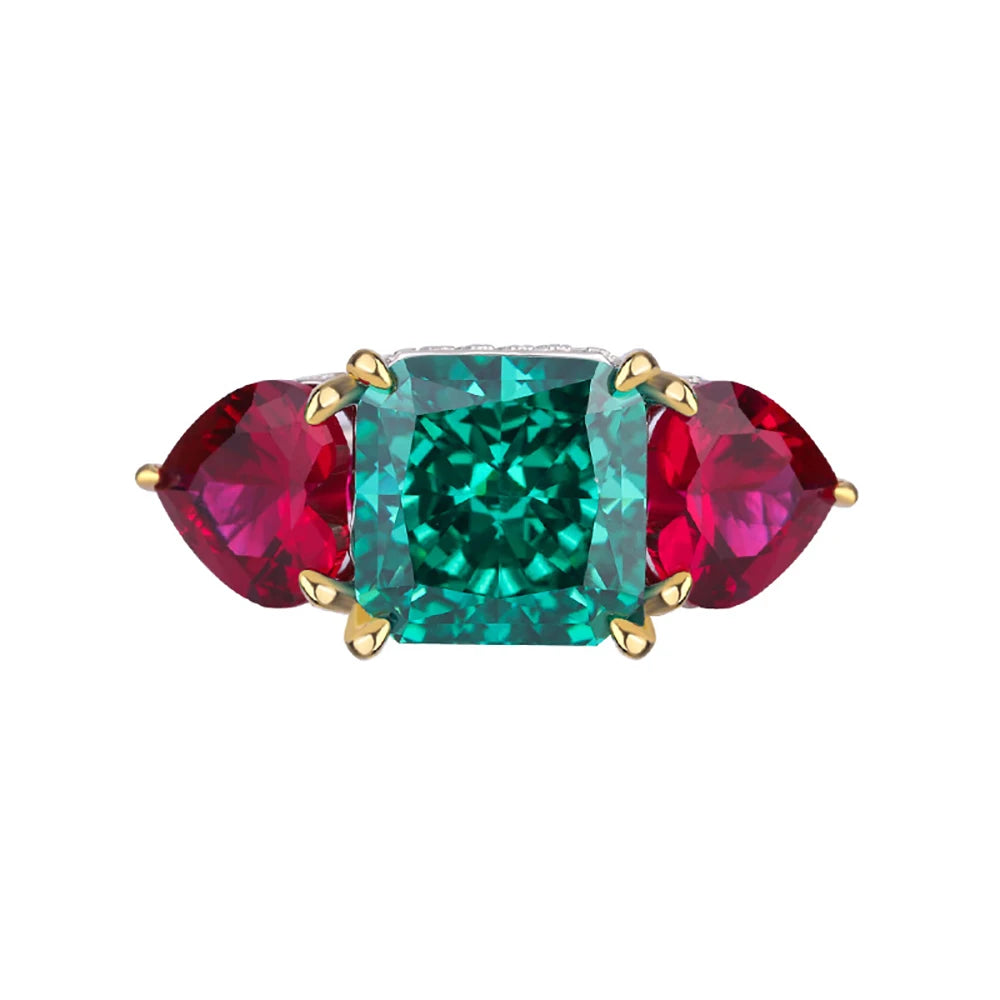 Retro 100% 925 Sterling Silver 10*10mm Green Tourmaline Ruby Lab Diamond Rings for Women Gemstone Wedding Party Fine Jewel Gift