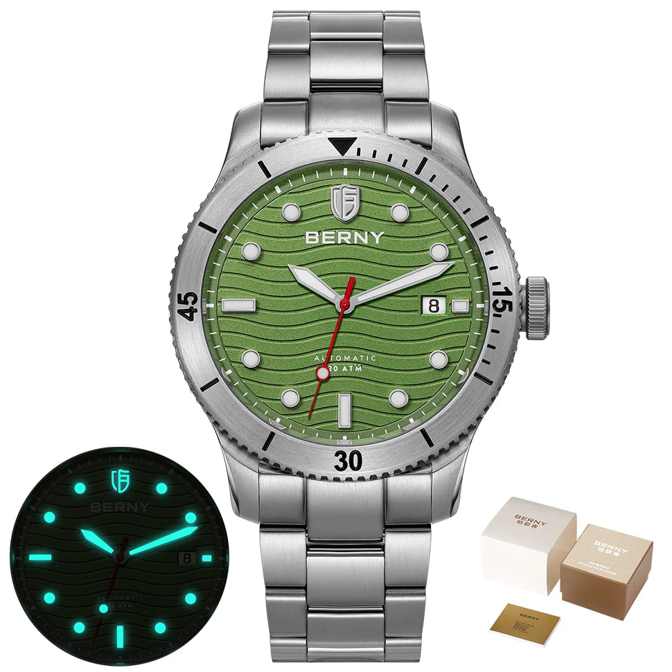 BERNY Automatic Diving Wristwatch for Men PT5000 Movement 20ATM Waterproof Luminous Sapphire Mechanical Sport Divers Watch Men