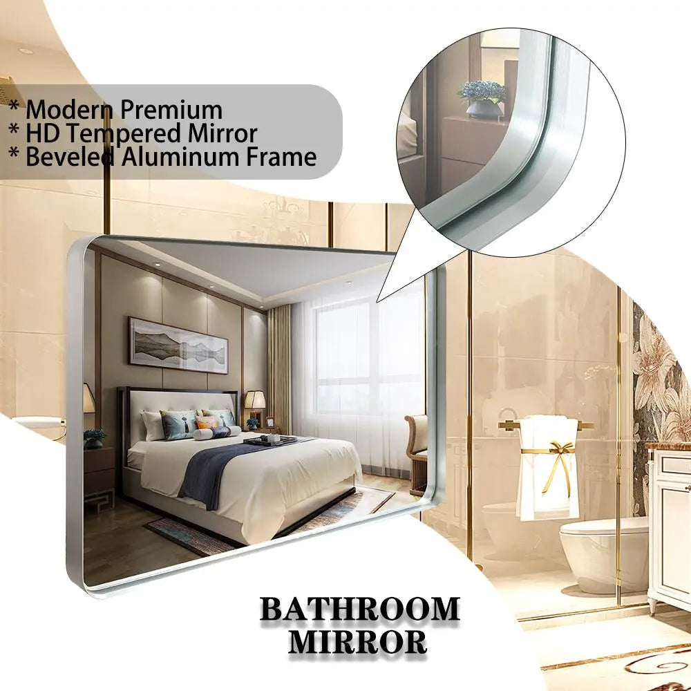30x20inch Glossy Brushed Silver Rectangle Bathroom Mirror Wall Metal Frame Rounded Corner Deep Set Design Hangs Wall for