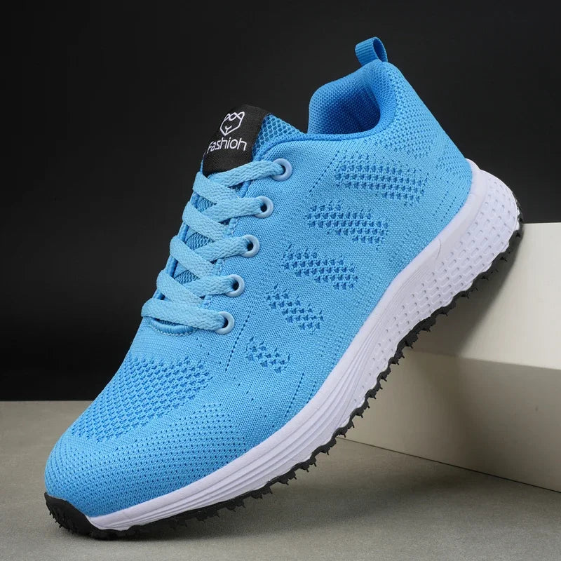 Women's Sneakers Breathable Knitted Mesh Comfortable Flat Lace Up Shoes Trendy Fashionable Casual Outdoor Women Running Shoes