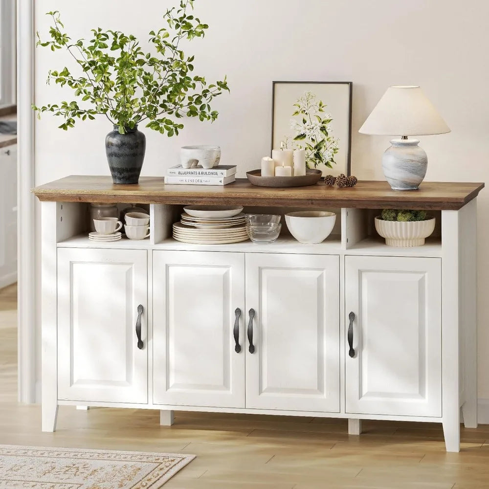 Amada Buffet Cabinet with Storage, 55" Large Sideboard Storage Cabinet with Adjustable Shelves, 4 Doors, Modern Farmhouse Coffee