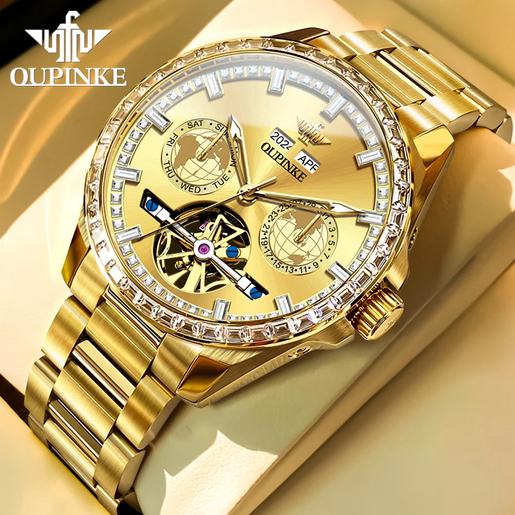 OUPINKE 3280 Fully Automatic Mechanical Men Watch Luxury Starry Sky Tourbillon Calendar Week Waterproof Men Watch Diamond Reloj