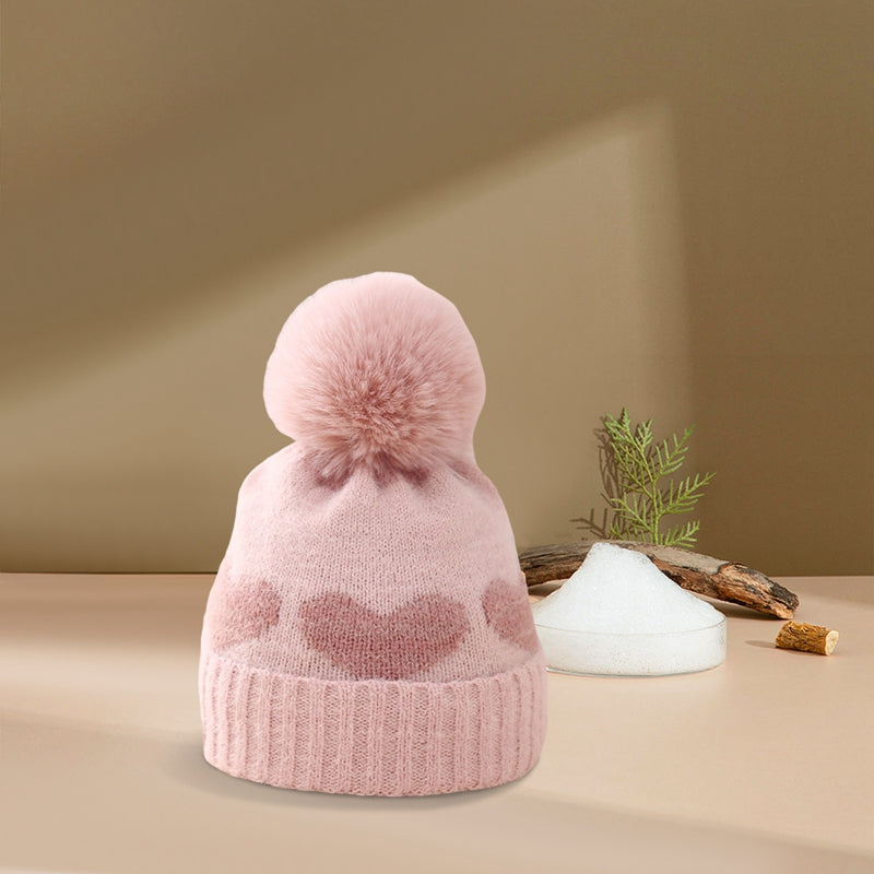Lioraitiin Baby Girl Winter Hat Cute Heart Pattern Plush Pom Knit Beanie Warm Hospital Cap For Infant Cold Weather Accessories