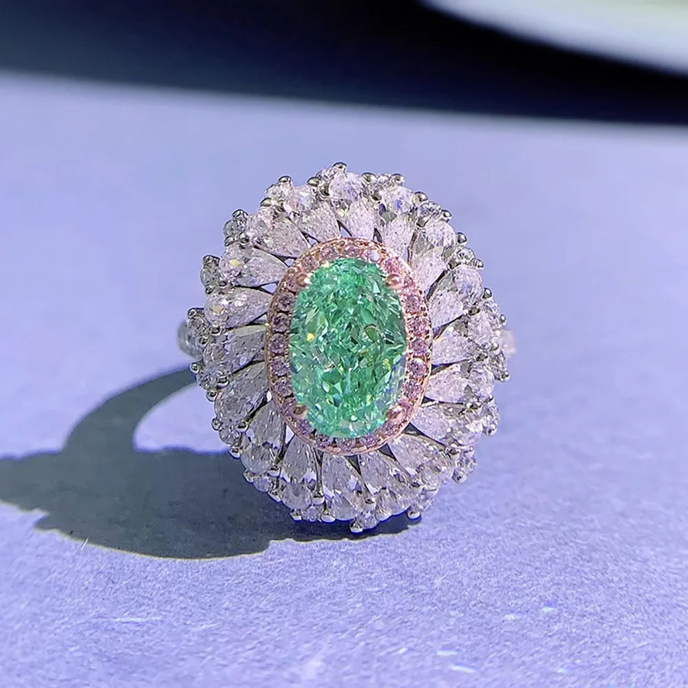 Charms 100% 925 Real Silver 6*9mm Light Green Tourmaline Rings for Women Gemstone Lab Diamond Wedding Party Fine Jewelry Gifts