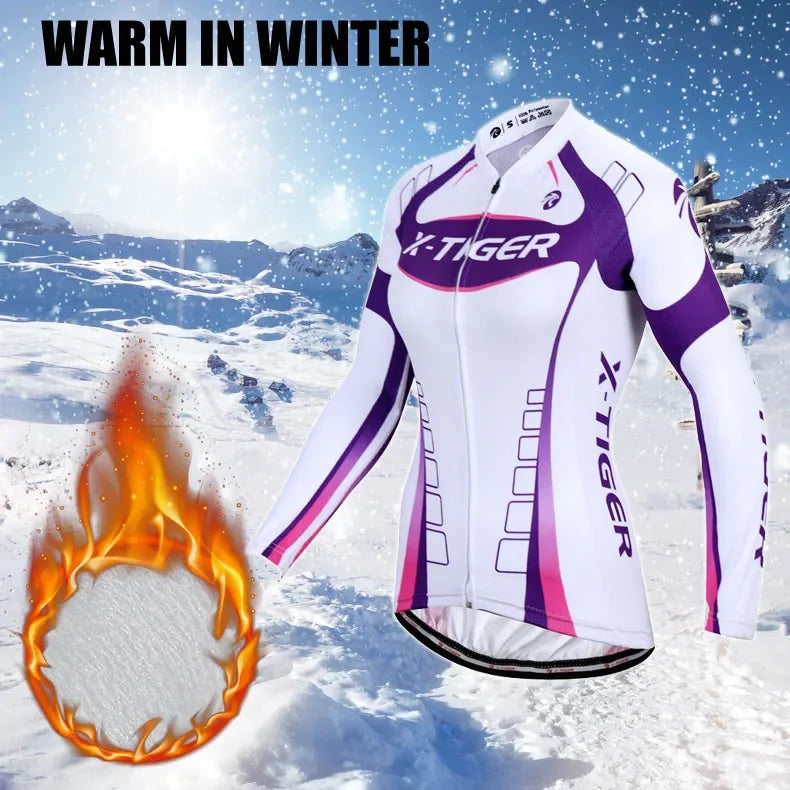 X-Tiger Women Winter Thermal Fleece Cycling Jersey Set Mountain Bike Uniform Long Sleeve Cycling Bicycle Clothing For Woman