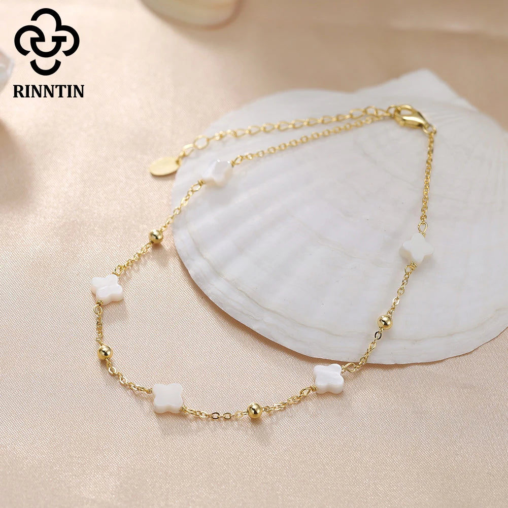 Rinntin Four Leaf Clover Anklet Bracelet for Women Delicate Style 925 Silver Thin Chains On Leg Summer Beach Accessories GMA01