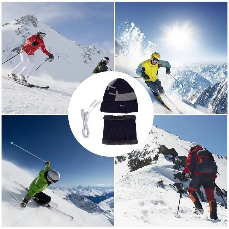 Heated Beanie Hat Winter Thermal Beanie USB Heated Hat Scarf Set Soft Warm Scarf Pom Knit Hat For Running Skiing Skating Cold