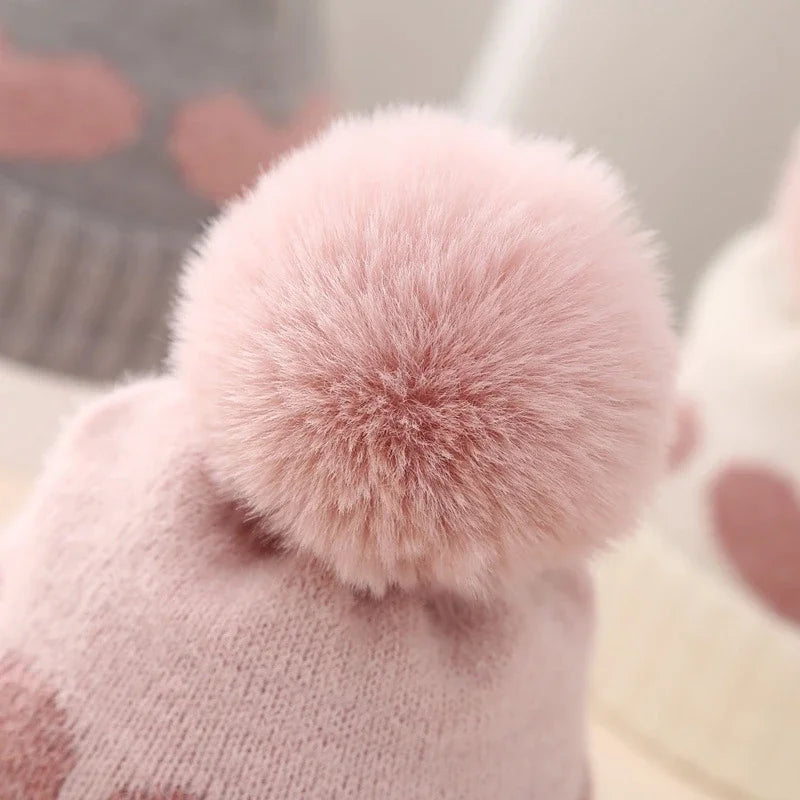 Lioraitiin Baby Girl Winter Hat Cute Heart Pattern Plush Pom Knit Beanie Warm Hospital Cap For Infant Cold Weather Accessories
