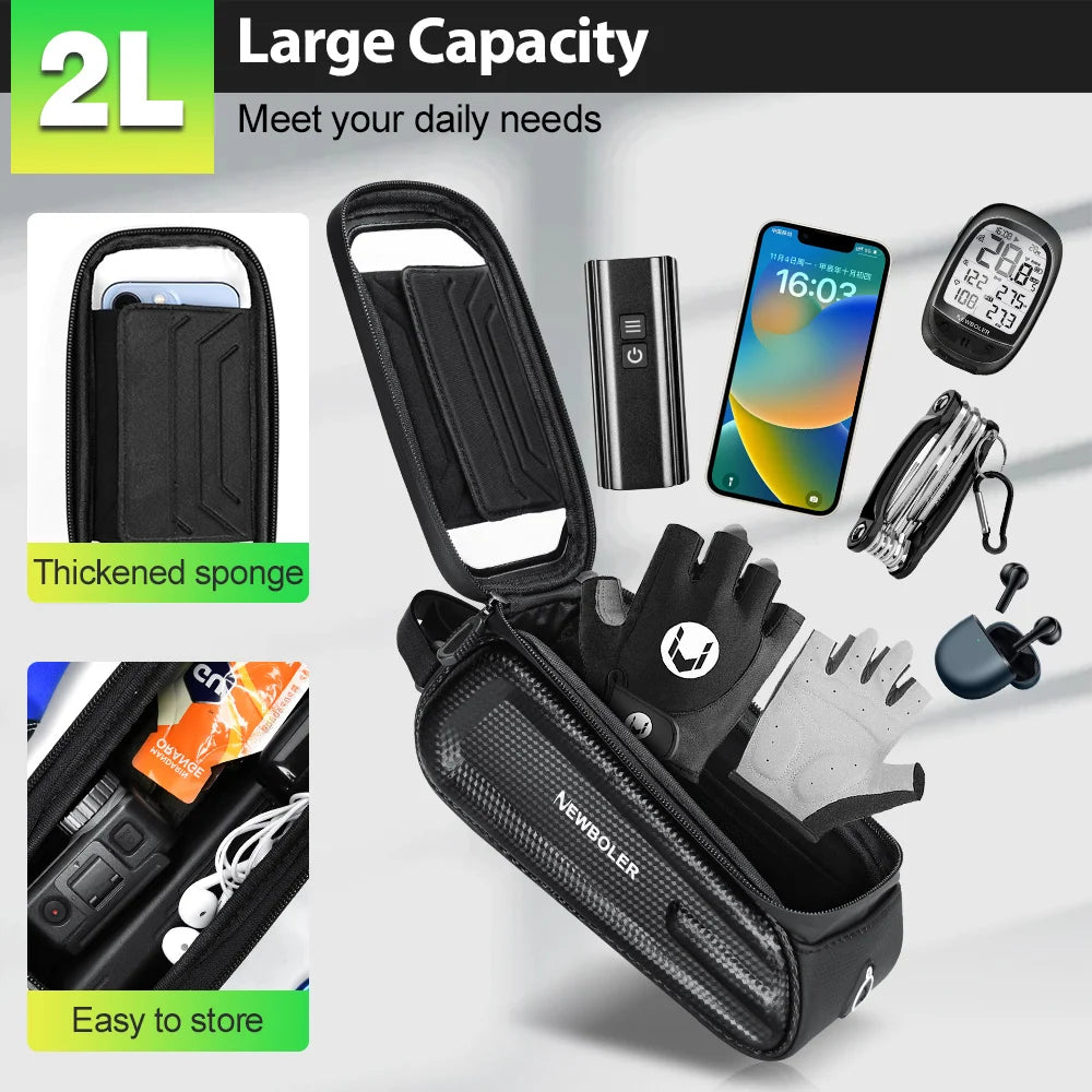 NEWBOLER Bike Bag 2L Frame Front Tube Cycling Bag Bicycle Waterproof Phone Case Holder 7.2Inches Touchscreen Bag Accessorie