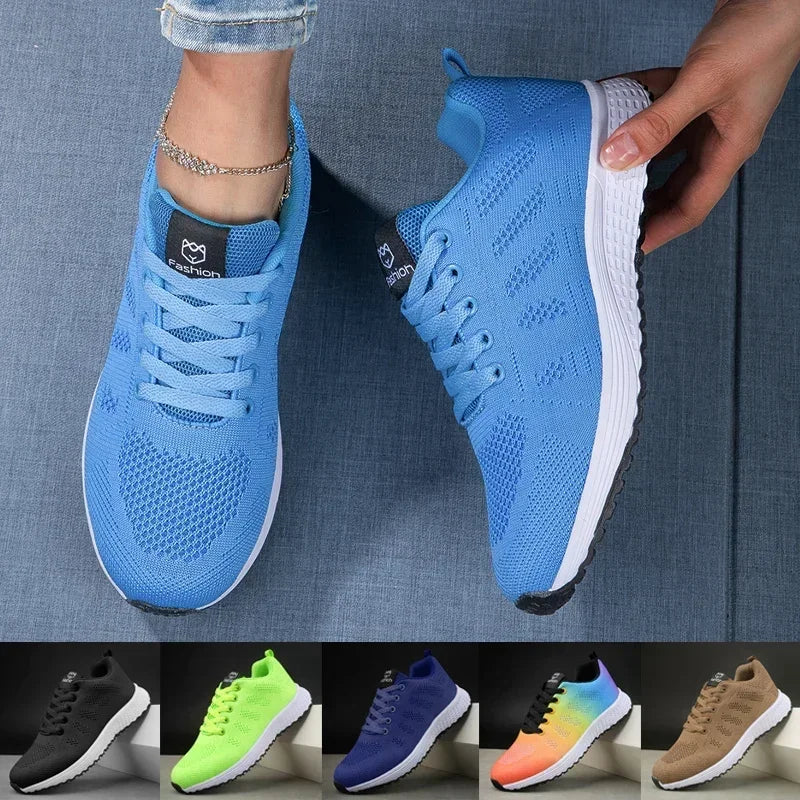 Women's Sneakers Breathable Knitted Mesh Comfortable Flat Lace Up Shoes Trendy Fashionable Casual Outdoor Women Running Shoes