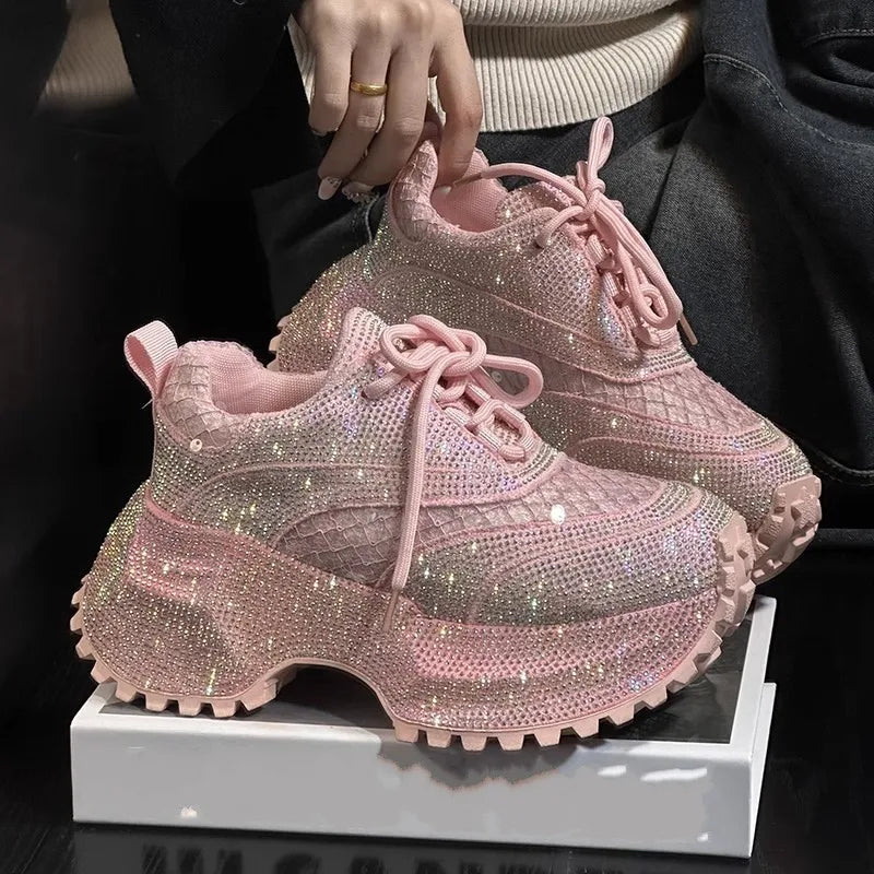Ladies Summer Breathable Shiny Diamonds Inner Thick Soled Running Shoes Lace Up Outdoor Training Sneakers Jogging Sports Shoes