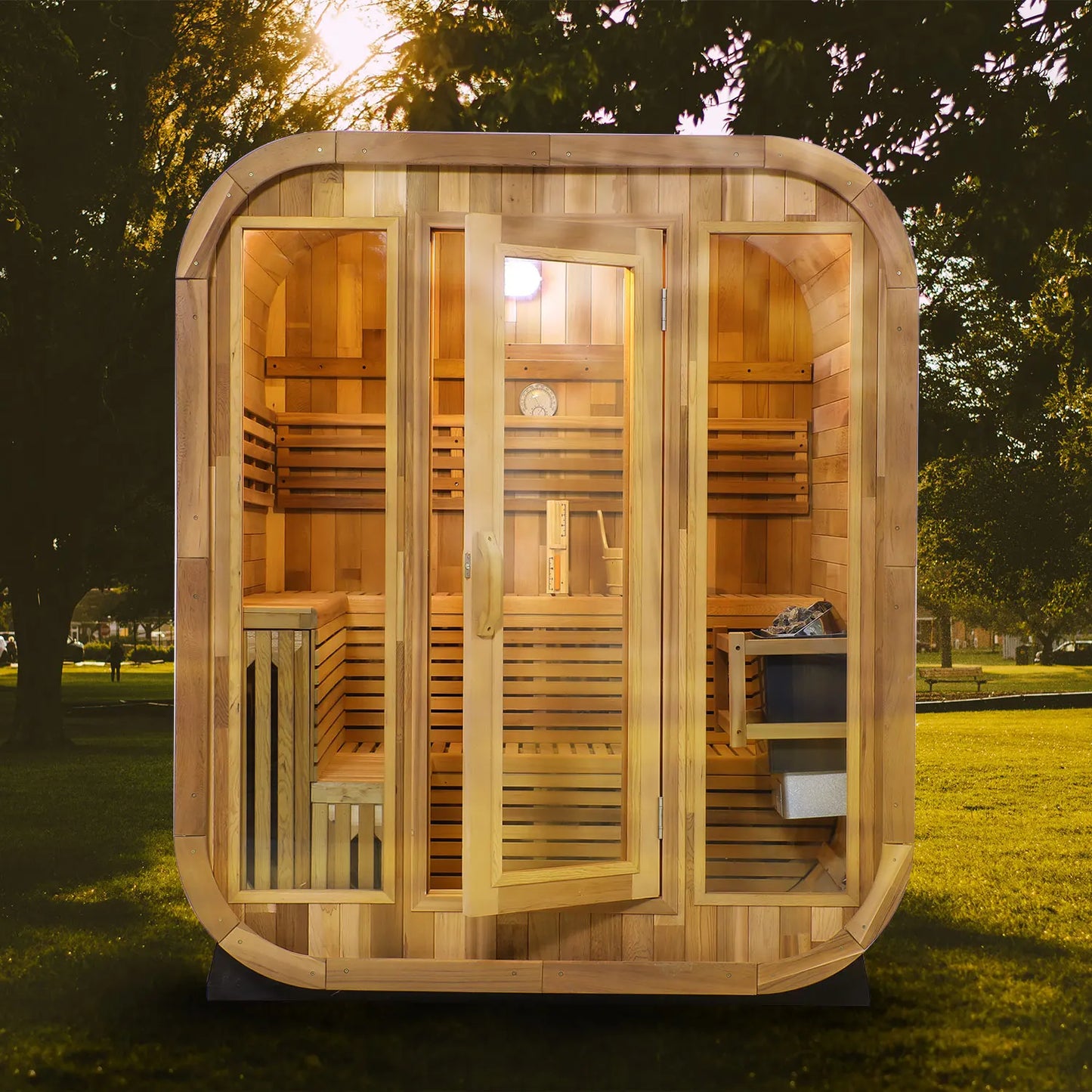Best-Selling Outdoor 4 Person Cedar Steam Sauna Sliding Door Cube Traditional Wet Steam Sauna for Family Relaxation