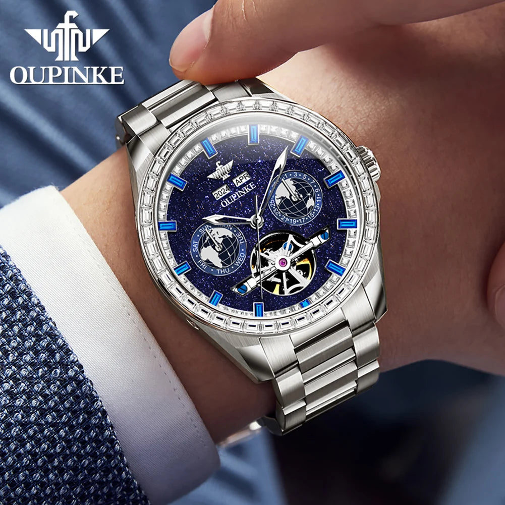 OUPINKE 3280 Fully Automatic Mechanical Men Watch Luxury Starry Sky Tourbillon Calendar Week Waterproof Men Watch Diamond Reloj