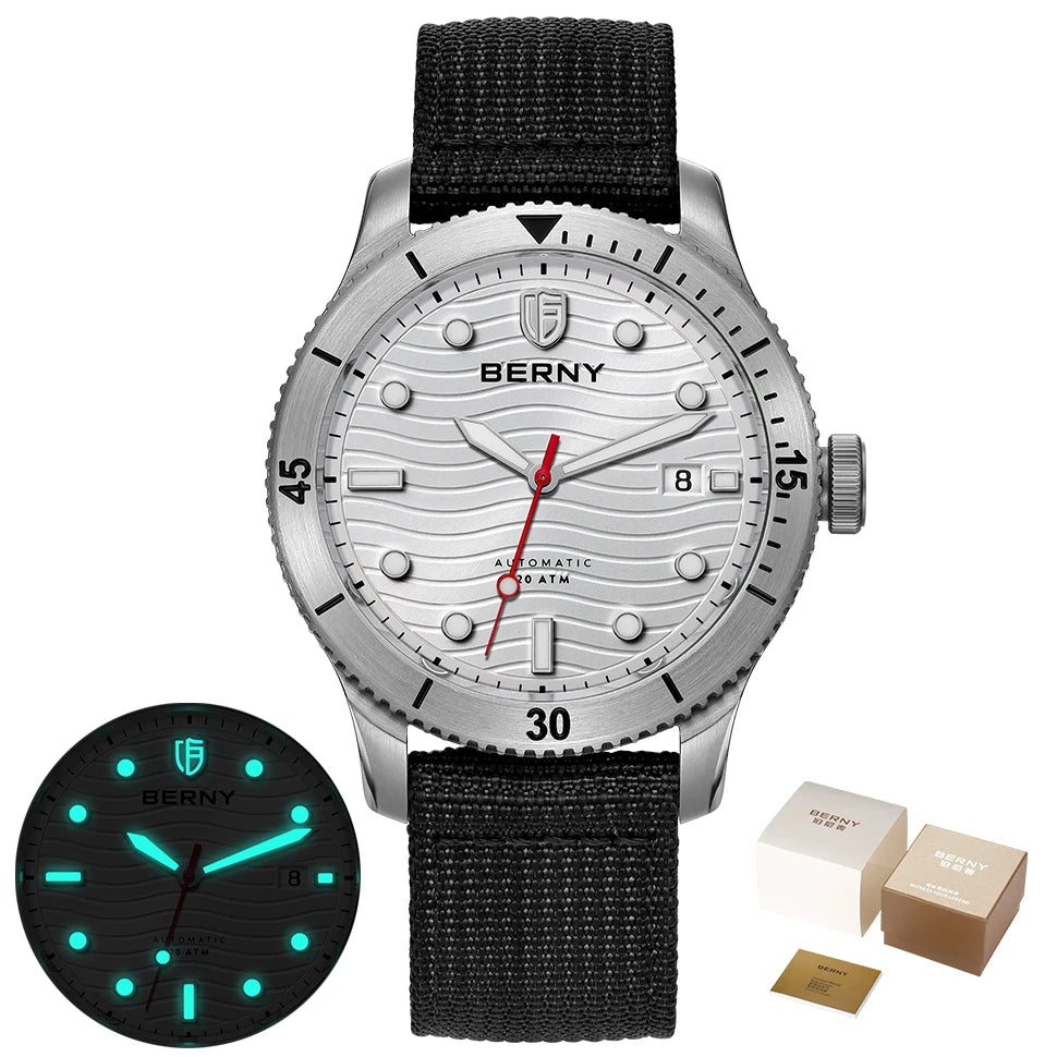 BERNY Automatic Diving Wristwatch for Men PT5000 Movement 20ATM Waterproof Luminous Sapphire Mechanical Sport Divers Watch Men